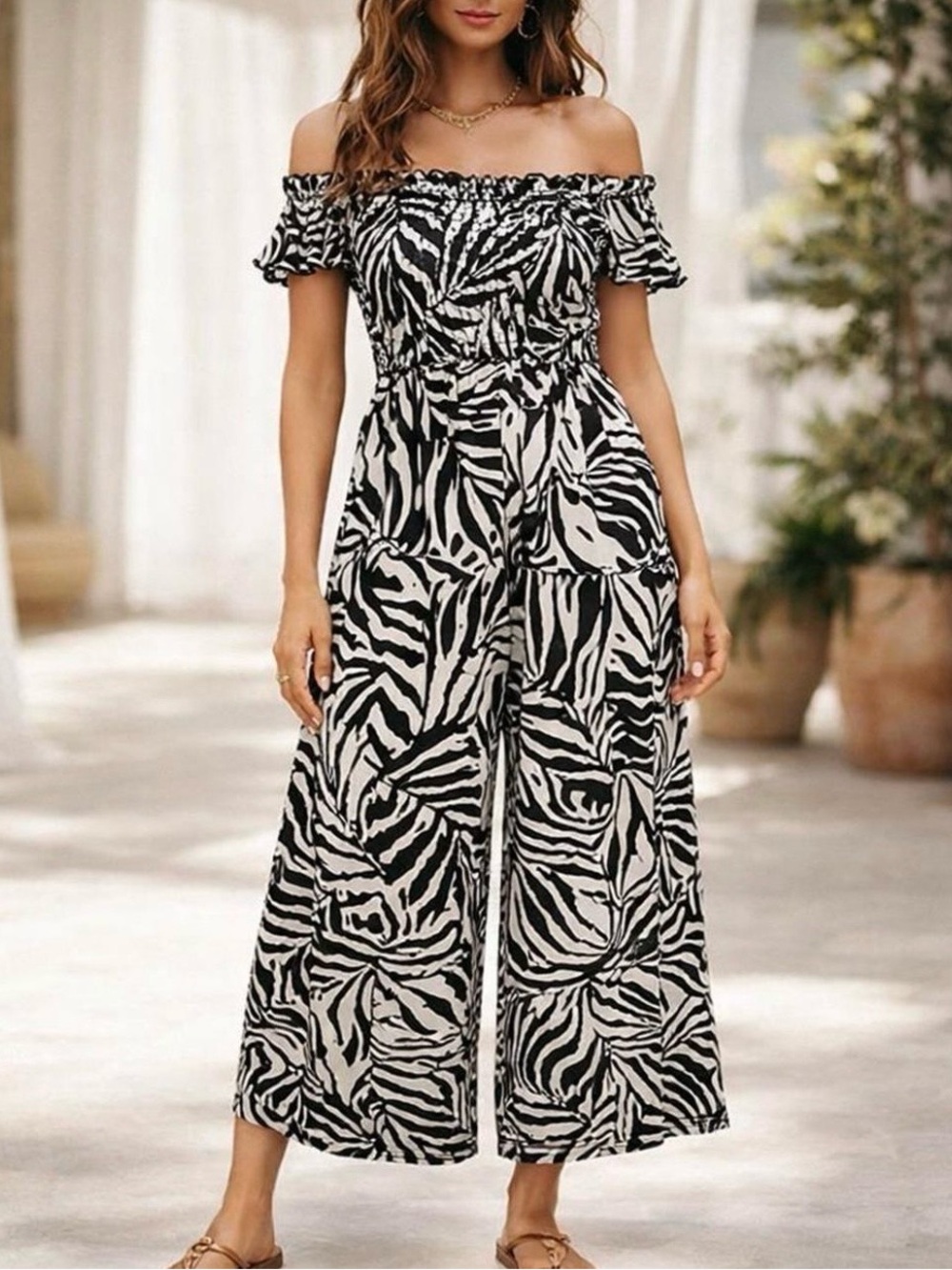 Patrons of Peace Off-Shoulder Black & Cream Wide-Leg Jumpsuit—Size Medium
